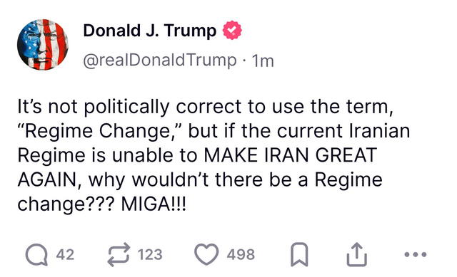 Trump shares “Make Iran Great Again” on Truth Social, signaling a provocative message amid rising U.S.–Iran tensions. Photo: Donald Trump Truth Social account Trump shares “Make Iran Great Again” on Truth Social, signaling a provocative message amid rising U.S.–Iran tensions. Photo: Donald Trump Truth Social account