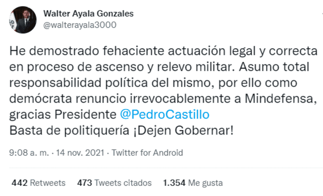 Renuncia de Walter Ayala al cargo de ministro de Defensa. Foto: captura de Twitter