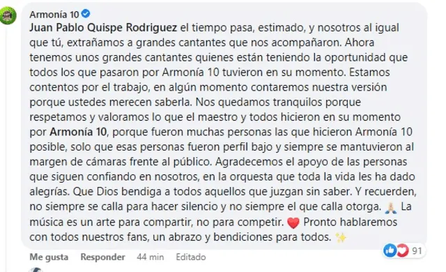 Armonía 10 se pronuncia ante críticas sobre la nueva gestión sin familiares de Wlather Lozada