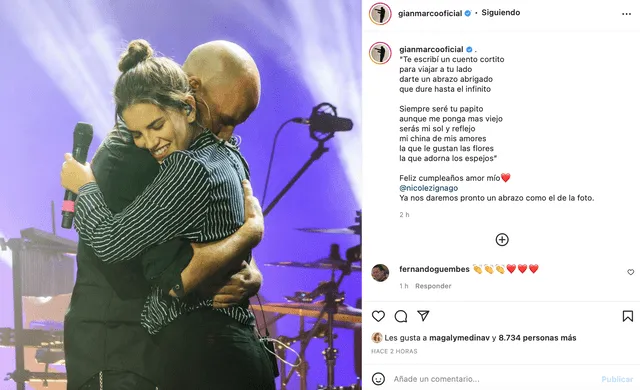 Gianmarco compartió una fotografía con su hija donde ambos se lucen sobre un escenario abrazados. Foto: composición / Instagram