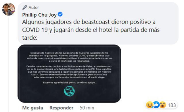Phillip Chu Joy aseguró que los chicos de Beastcoast jugarán desde el hotel. Foto: captura de Facebook