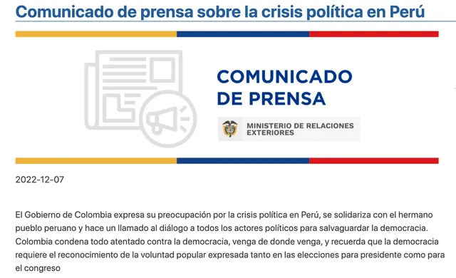 Comunicado de prensa del Ministerio de Relaciones Exteriores de Colombia sobre la crisis política en Perú