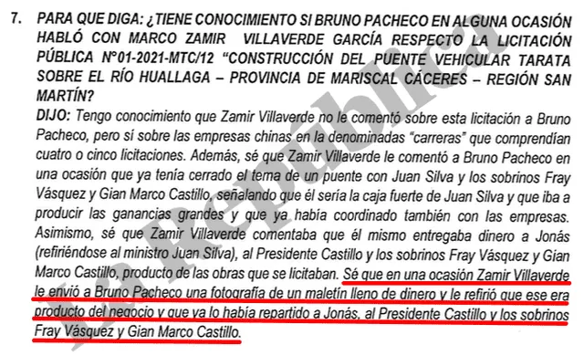  Bruno Pacheco señala que Zamir Villaverde le envío una foto con un maletín lleno de dinero. Foto: captura del Folio 6829, facilitado a Ángel Páez   