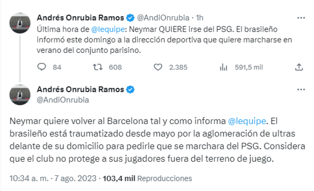  Neymar informó a la directiva del PSG que se quiere ir, según L'Equipe. Foto: captura Twitter.   