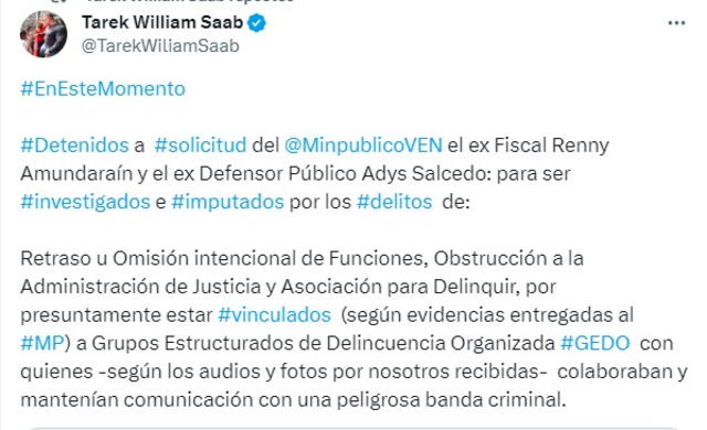 Mensaje del fiscal general sobre la detención de los funcionarios. Foto: X   