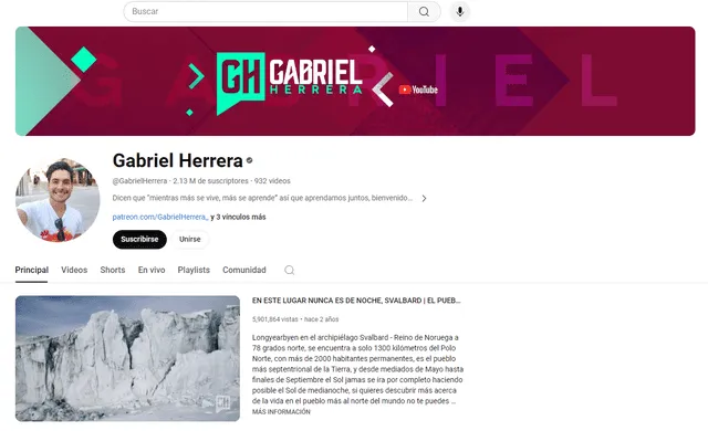 Así luce el canal de Gabriel Herrera. Foto: captura de pantalla 