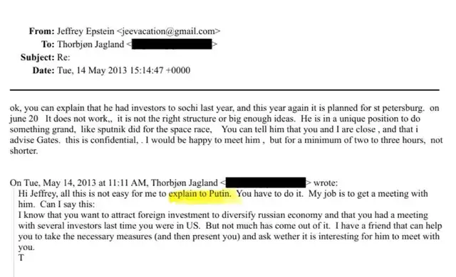  El correo entre Epstein y Thorbjørn Jagland sobre Putin. Foto: DOJ<br>    