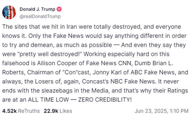Trump announced that everything they attacked in Iran was destroyed and accused some journalists of creating "fake news." Photo: Donald Trump Truth Social account Trump announced that everything they attacked in Iran was destroyed and accused some journalists of creating "fake news." Photo: Donald Trump Truth Social account