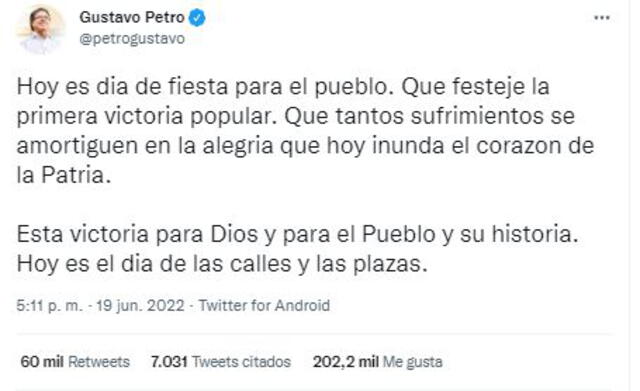 Tuit de Gustavo Petro tras conocer su victoria en a segunda vuelta de las elecciones presidenciales de Colombia. Foto: captura Twitter
