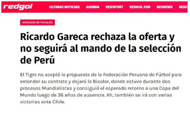 Portada RedGol de Chile sobre Ricardo Gareca. Foto: captura