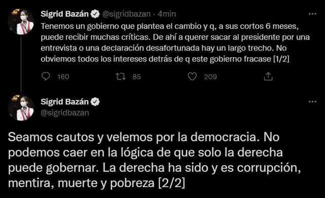 Sigrid Bazán se pronuncia sobre crisis tras renuncia de Mirta Vásquez a la PCM. Foto: captura de Twitter
