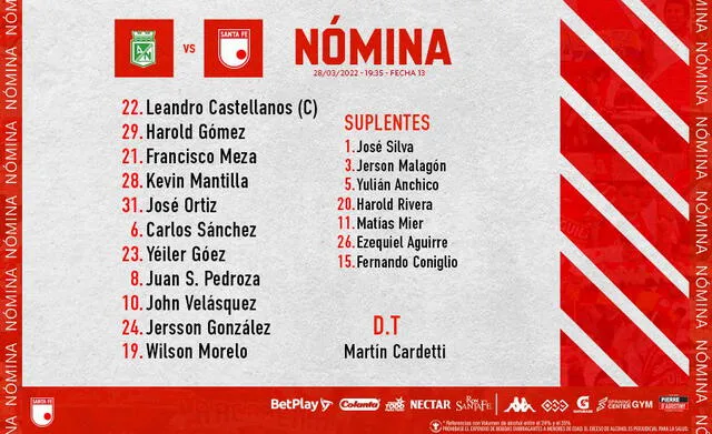 Alineación confirmada Independiente Santa Fe. Foto: Twitter Independiente Santa Fe