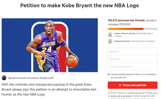 Fanáticos firman para que Kobe Bryan sea el nuevo logo de la NBA. (Foto: Change.org)