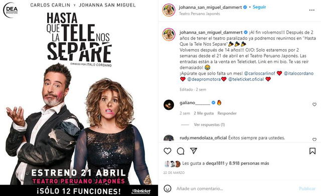 Johanna San Miguel y Carlos Carlín presentarán un show de solo 12 funciones.