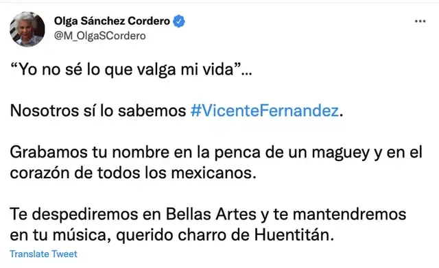 La presidenta de la Mesa Directiva del Senado de la República mencionó a través de sus redes sociales que Vicente Fernández fuera despedido en el Palacio de Bellas Artes. Foto: Captura / Twitter