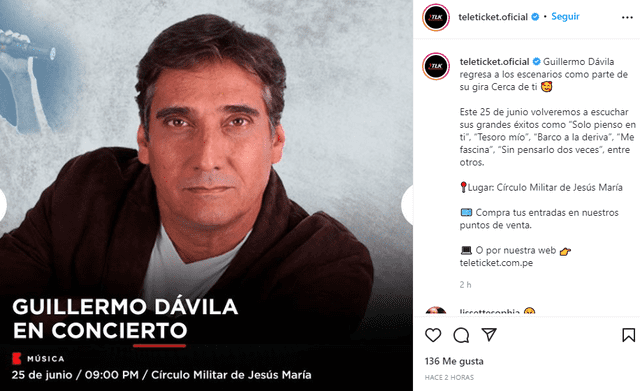 Teleticket confirma próximo concierto de Guillermo Dávila. Foto: Teleticket/Instagram.