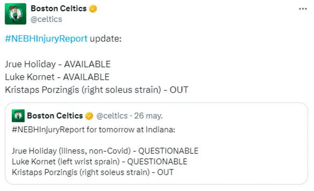 Reporte de lesionados de los Boston Celtics. Foto: celtics / X   