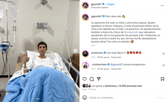  Giancarlo 'Flaco' Granda compartió foto tras operación. Foto: Instagram/Giancarlo Granda   
