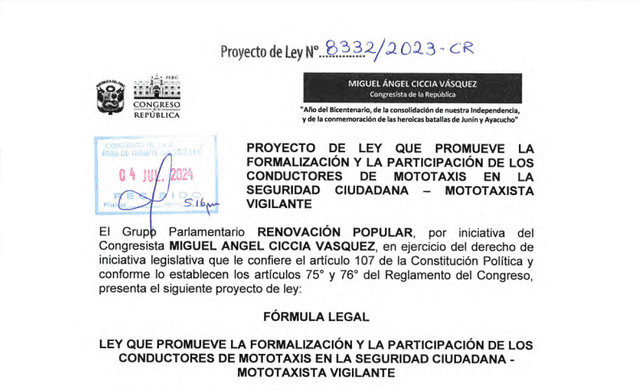 Este es el proyecto de ley que emitió Miguel Ángel Ciccia. Foto: Congreso   
