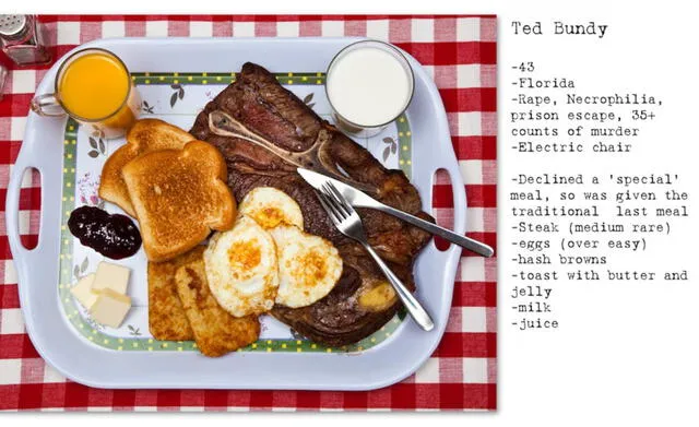 La última cena de Ted Bundy fue una comida estándar proporcionada por la prisión en Florida. Foto: No Seconds/Henry Hargreaves. La última cena de Ted Bundy fue una comida estándar proporcionada por la prisión en Florida. Foto: No Seconds/Henry Hargreaves.
