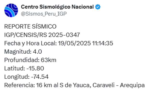 Sismo registrado en Arequipa, según IGP. Sismo registrado en Arequipa, según IGP.