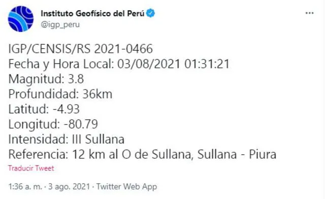 Datos del sismo en Piura. Foto: captura de Twitter Instituto Geofísico del Perú