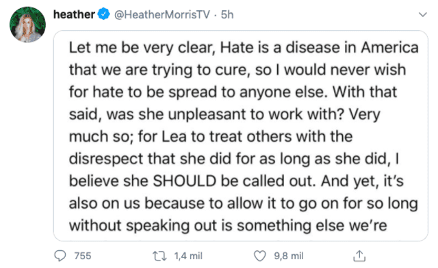 Heather Morris habla sobre Lea Michele en Twitter