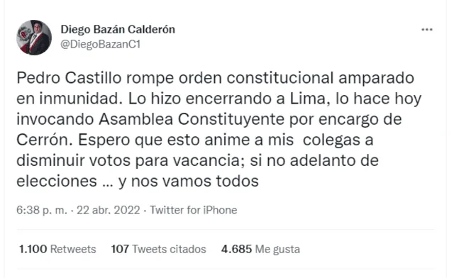 El congresista Diego Bazán rechaza el referéndum que propone el presidente Pedro Castillo.