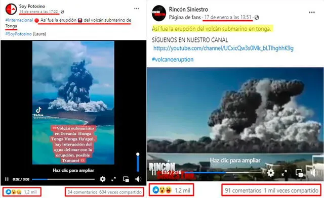 Publicaciones con más alcance en el que se comparte el video apócrifo de la exploción del volcán en Tonga. FOTO: Capturas de pantalla.