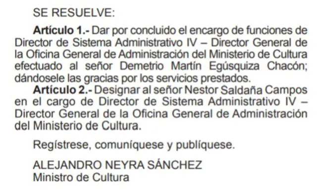 Nombramiento de Nestor Saldaña Campos como director de Administración del Ministerio de Cultura.