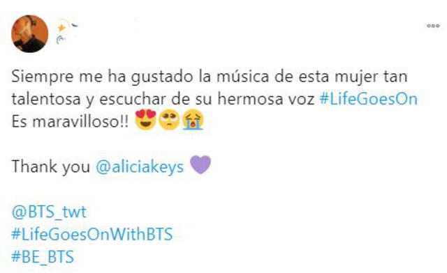 Reacciones al cover de Alicia Keys a "Life goes on". Foto: captura Twitter