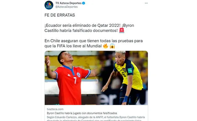 TV Azteca se rectificó tras afirmar que Ecuador quedaría fuera del Mundial. Foto: captura de Twitter