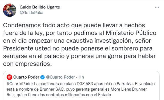 Guido Bellido pide al Ministerio Público investigar reuniones de Castillo en Breña