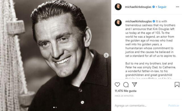Michael Douglas comunica la muerte de Kirk Douglas en Instagram