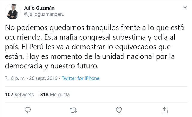 Julio Guzmán se pronuncia tras el archivamiento del proyecto de adelanto de elecciones.