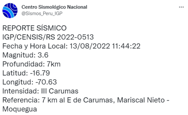 Datos del sismo en Moquegua el sábado 13 de agosto. Foto: captura