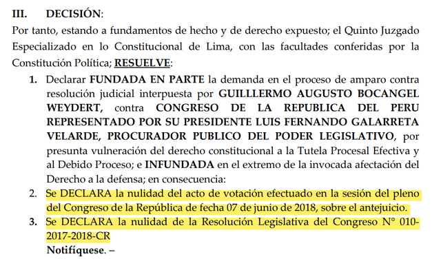 Decisión en primera instancia que anula acusación constitucional contra Guillermo Bocángel. Foto: LR   