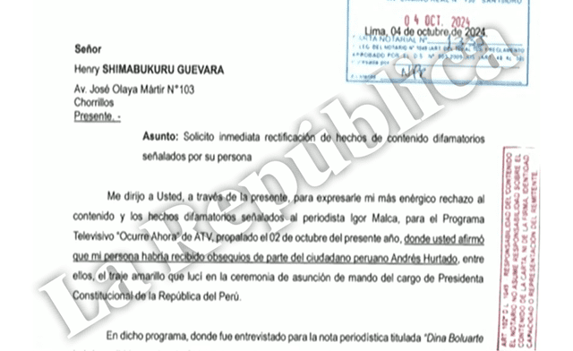 Carta Notarial a Henry Shimabukuro . Foto: LR   