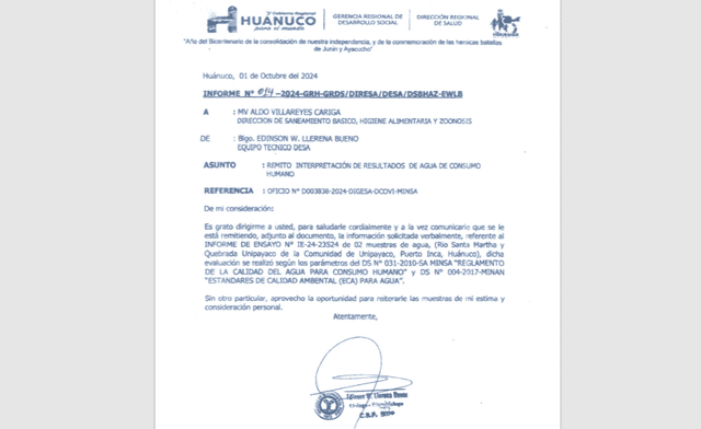 Uno de los informes enviados sobre contaminación en los ríos de Huánuco. Uno de los informes enviados sobre contaminación en los ríos de Huánuco.