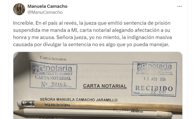  Carta Notarial enviada a Camacho. Fuente: X.   