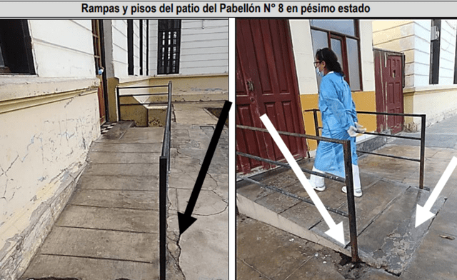 Rampas y pisos de patio de Hospital Larco Herrera en mal estado. Foto: Contraloría General de la República.<br> Rampas y pisos de patio de Hospital Larco Herrera en mal estado. Foto: Contraloría General de la República.<br>