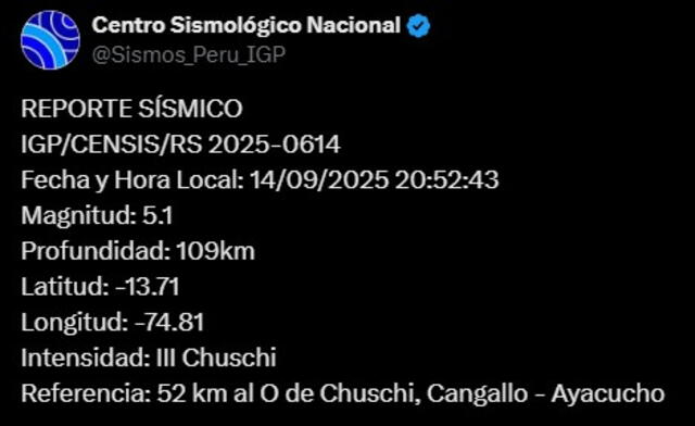 Reporte del sismo de hoy en Ayacucho. Foto: IGP   