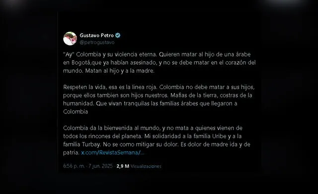Gustavo Petro, Colombian President, condemn Uribe's attack in Bogota remembered, Diana Uribe, his mother who was murdered in 1991. Photo: X Gustavo Petro, Colombian President, condemn Uribe's attack in Bogota remembered, Diana Uribe, his mother who was murdered in 1991. Photo: X