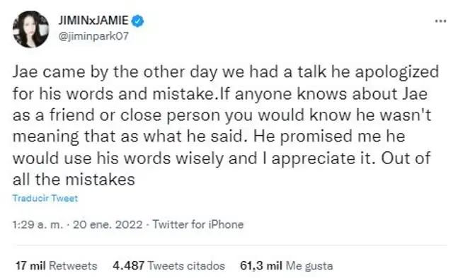Pubicaciones de Jamie sobre Jae Park. Foto: captura/Twitter