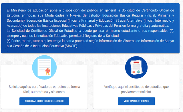 Web de Certificado de estudios. Foto: Captura portal de Minedu Web de Certificado de estudios. Foto: Captura portal de Minedu