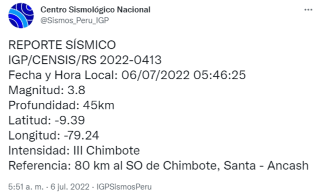 Sismo en Ancash hoy 6 de julio 2022