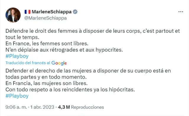  Tweet en respuesta a las críticas por parte de la secretaria de Estado francesa Marlène Schiappa. Foto: captura de Twitter   