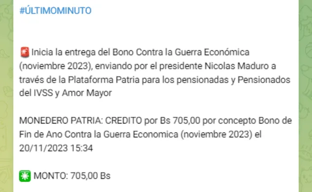 El Bono de Guerra para pensionados, con respecto al mes anterior, sufrió un aumento de 5 bolívares. Foto: Canal Patria Digital/Telegram