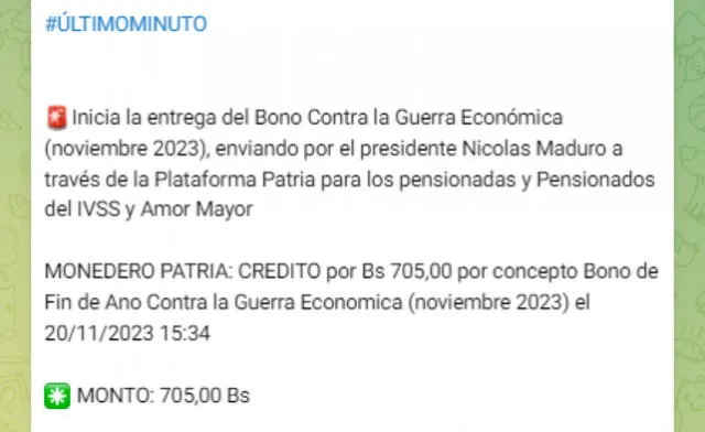 El último pago del Bono de Guerra va dirigido a los pensionados. Foto: Canal Patria Digital/Telegram