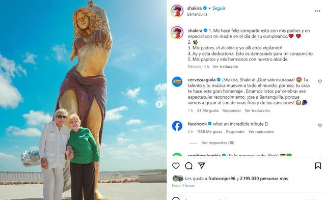 William y Nidia junto a la estatua de su hija, Shakira Mebarak. Foto: Instagram / Shakira   